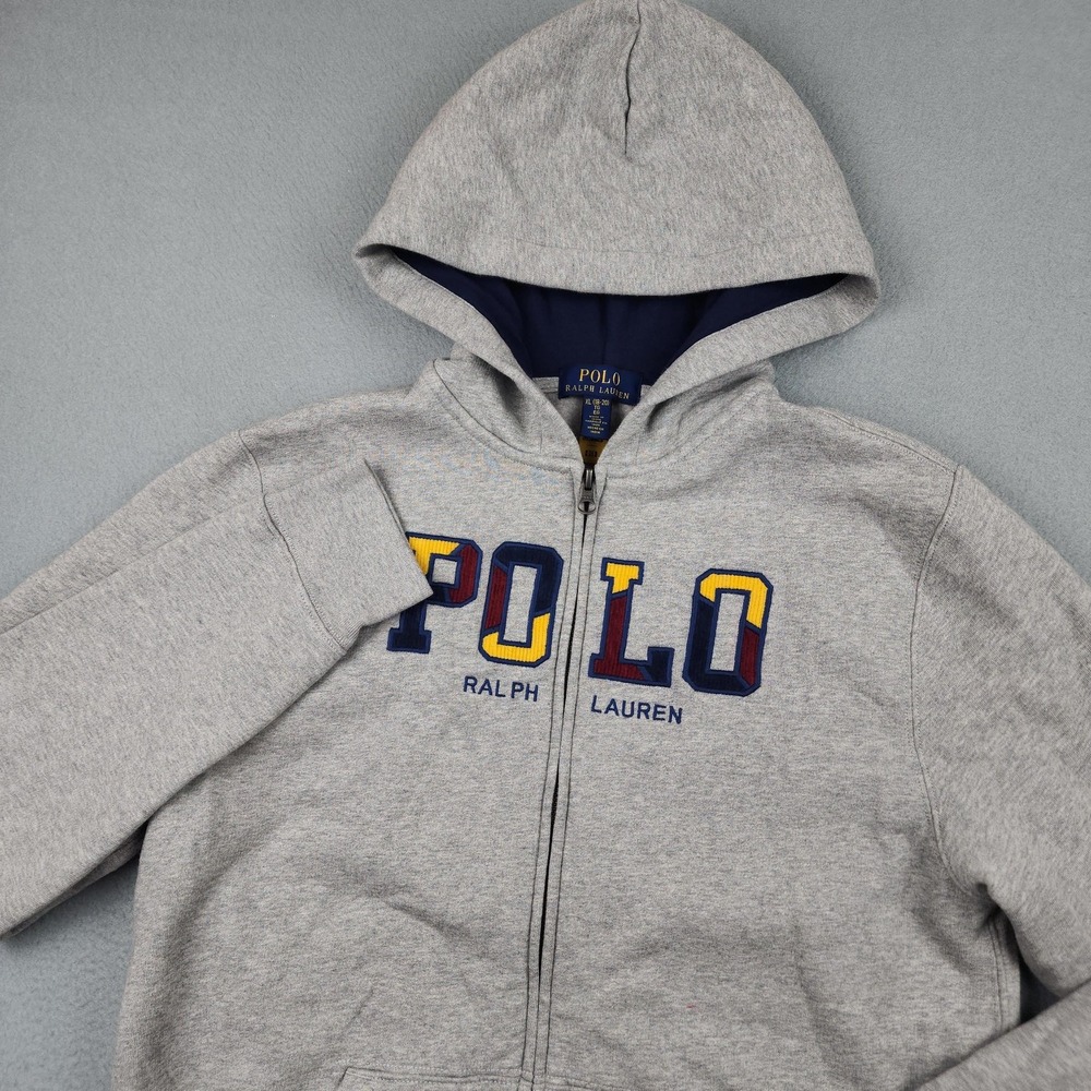 Polo Ralph Lauren Hoodie Boys XL 18-20 Gray Full Zip POLO Logo Fleece Sweatshirt
